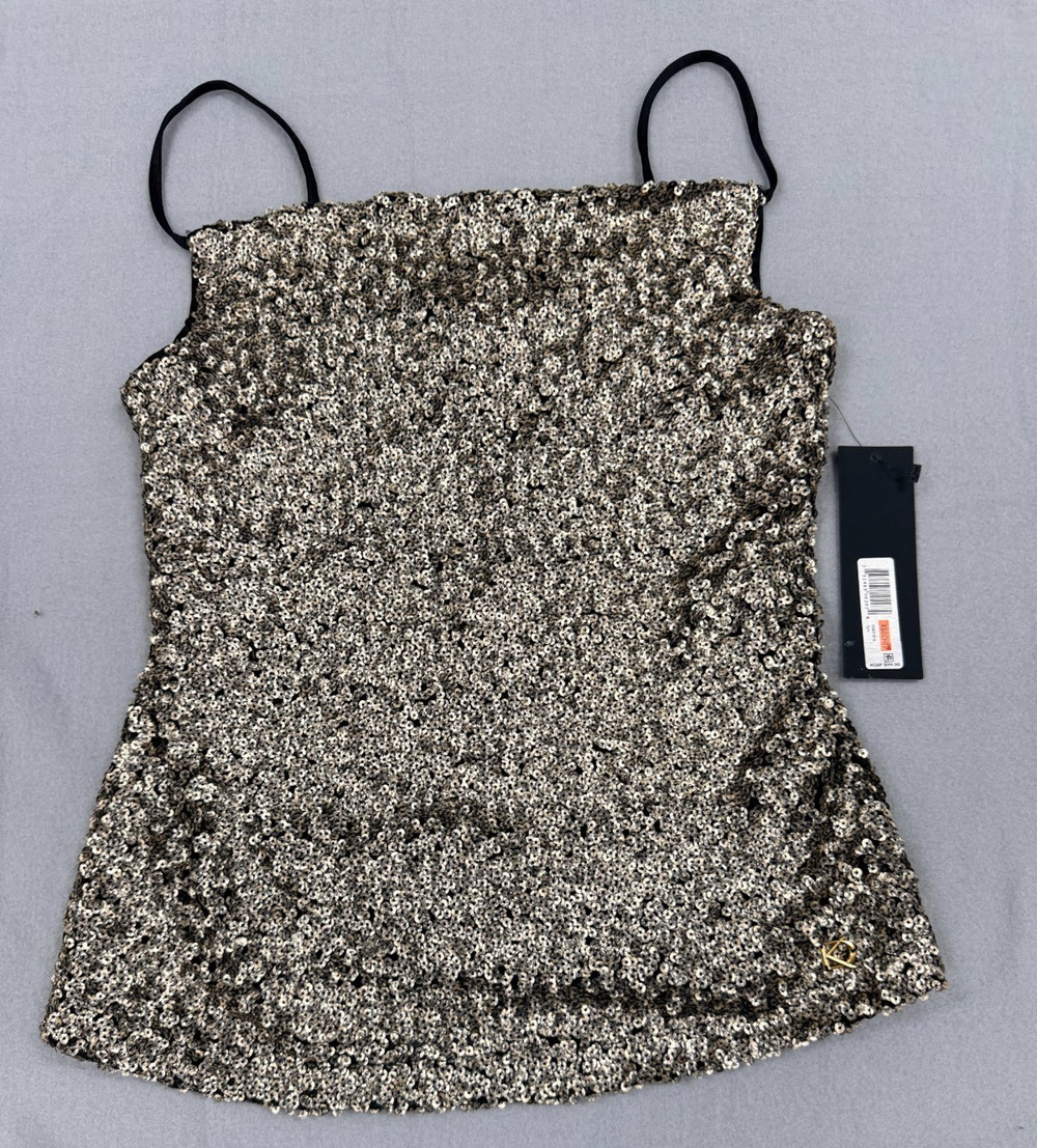 Donna Karan New York Sequin Camisole Top Womens XS Gold Black Holiday Party NWT